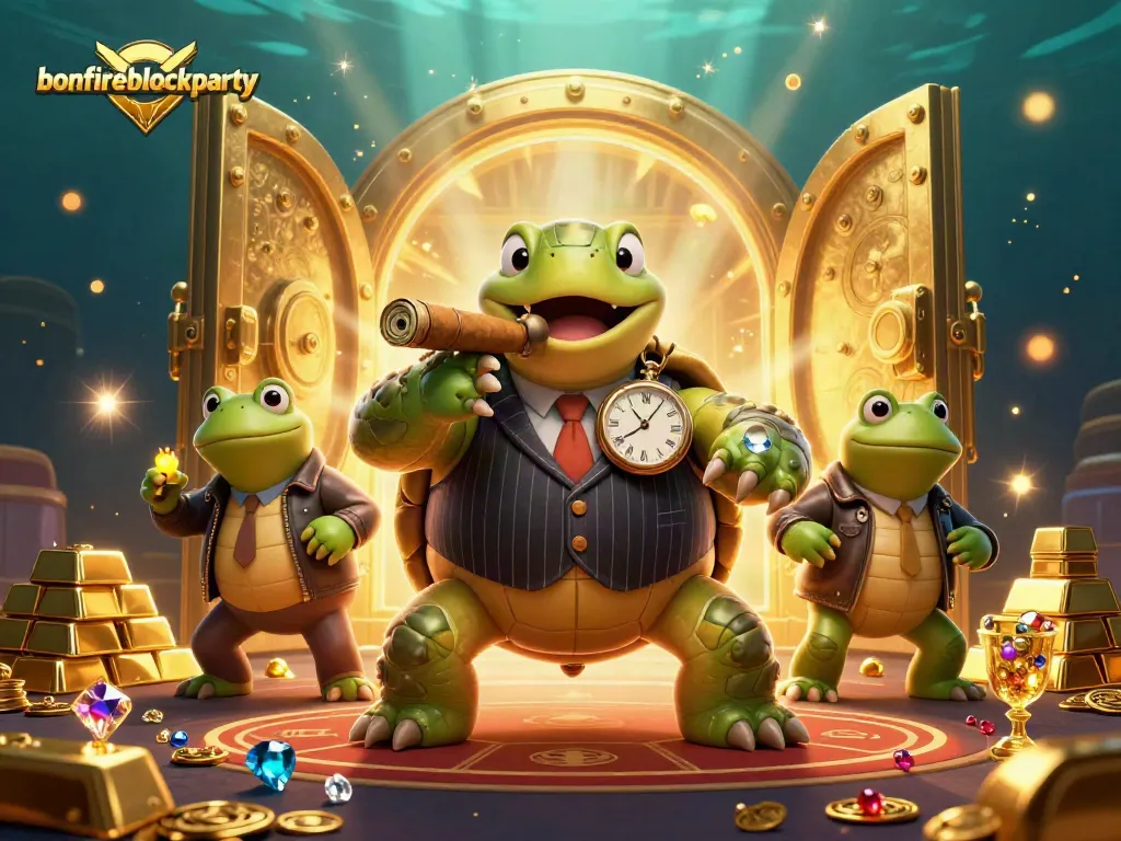 Experience thrilling wins at bonfireblockparty casino with vibrant 3D characters amidst sparkling treasures.