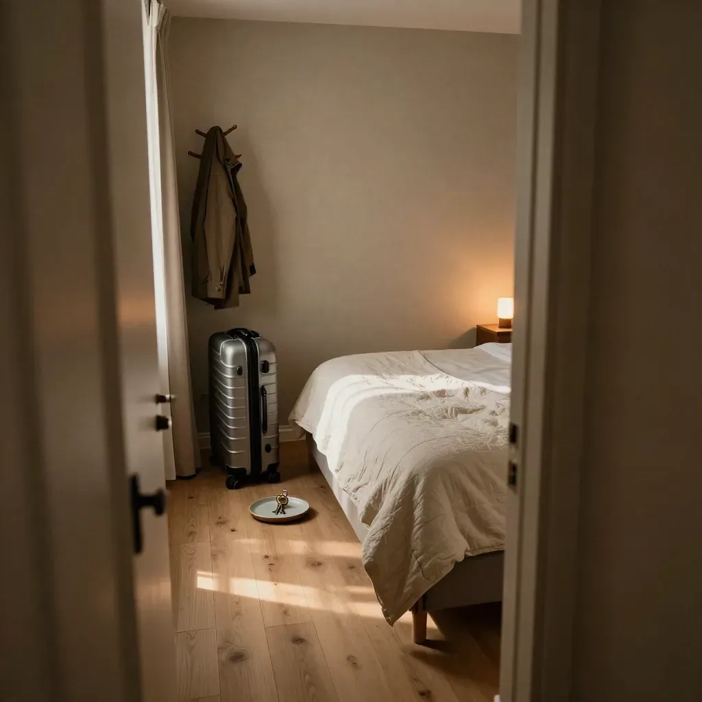 Dormitorio compacto y pulcro con maleta neutra, perchero de madera y llave en bandeja de cerámica.