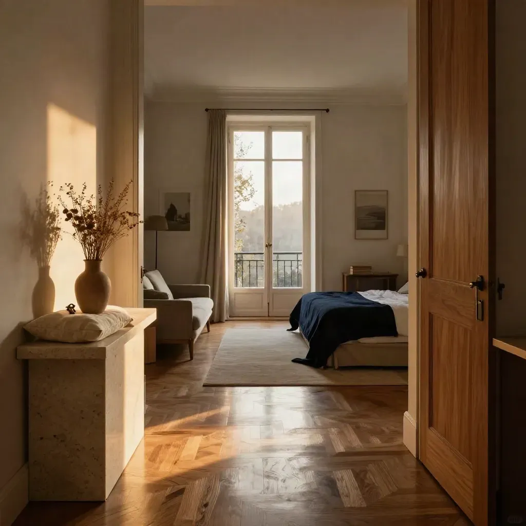 Piso luminoso en venta con balcón, parquet pulido, consola de travertino y llaves de latón.