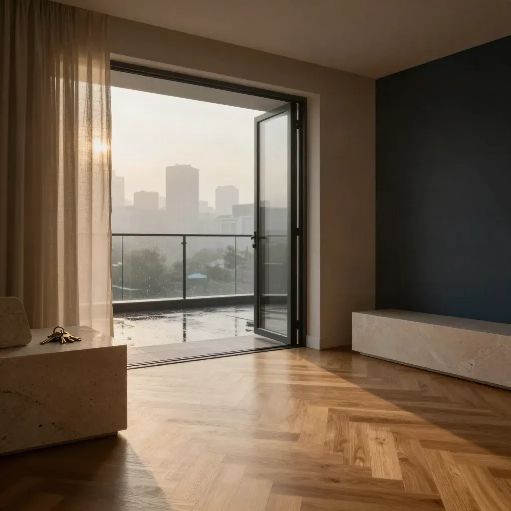 Piso premium vacío con balcón abierto, luz de mañana, consola de travertino y llaves de latón