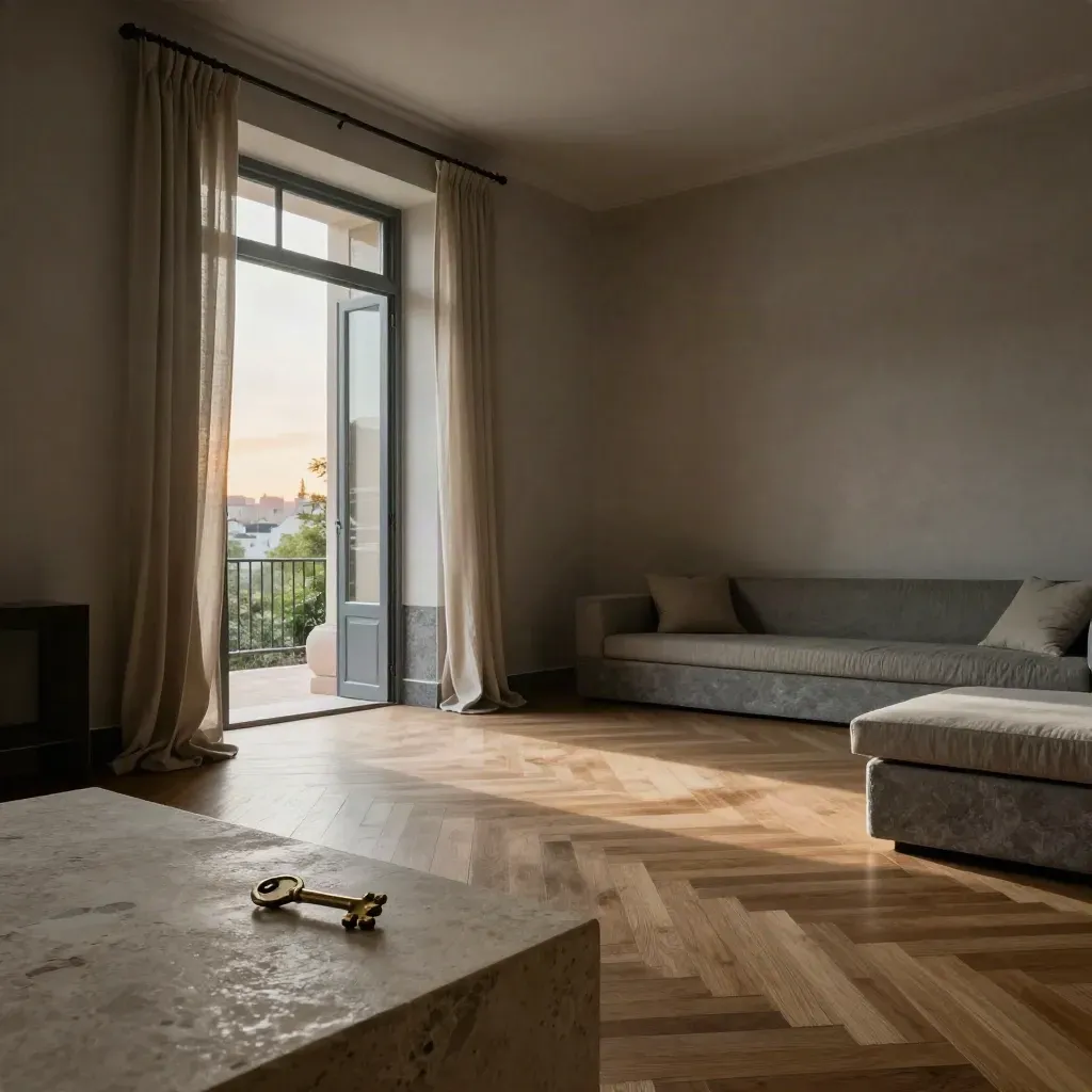 Salón vacío en Retiro con terraza abierta, cortinas aireadas y una llave de latón sobre piedra.