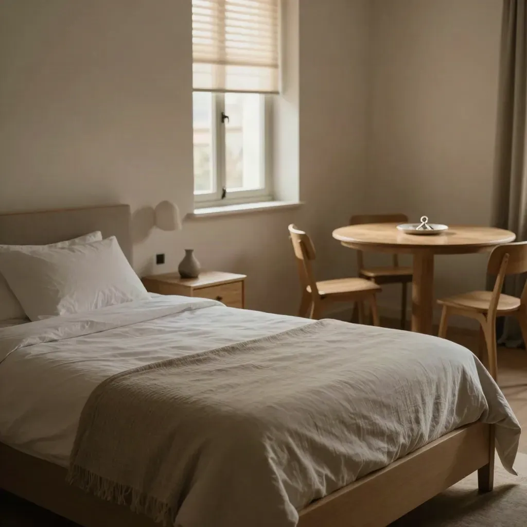 Apartamento en Valencia con cama hecha, comedor sencillo y llaves en bandeja de cerámica.
