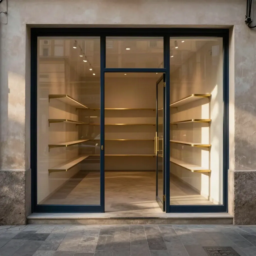 Local vacío en Málaga, recién abierto, con suelo microcemento, puerta abierta y luz cálida.