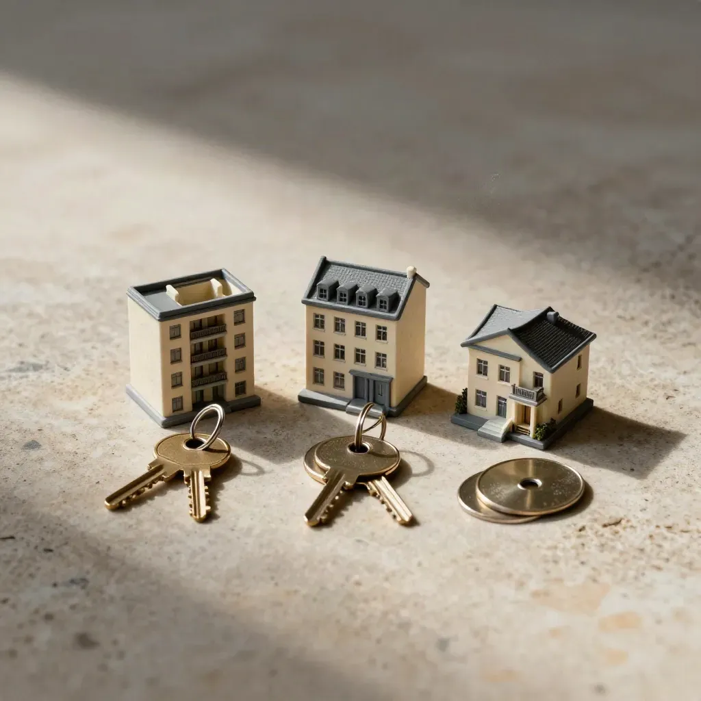 Tres miniaturas de viviendas, llaves y discos metálicos sobre piedra, vista cenital.