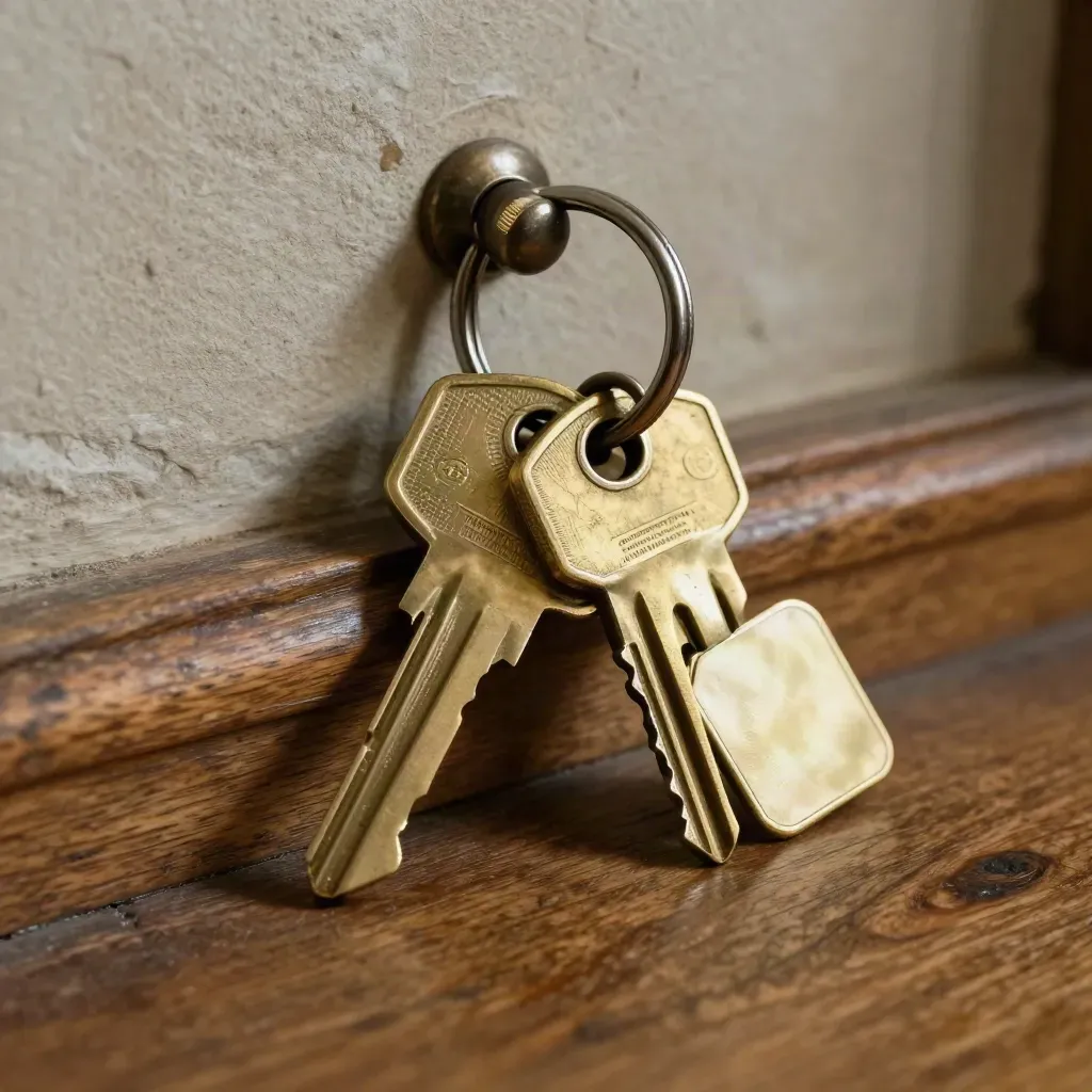 Llaves, cerradura y pomo de metal sobre una repisa de madera, con una ficha de apartamento