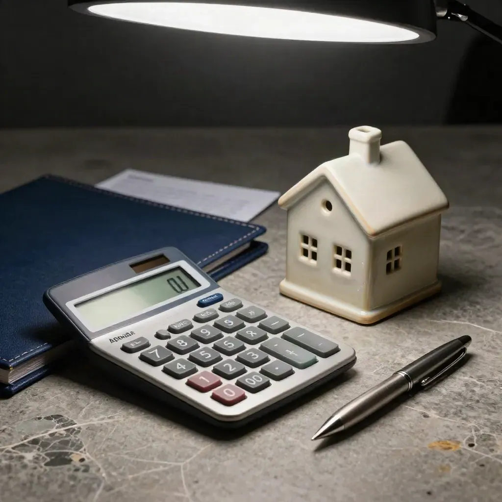 Calculadora, carpeta de tela y casa miniatura sobre piedra, en luz dramática.