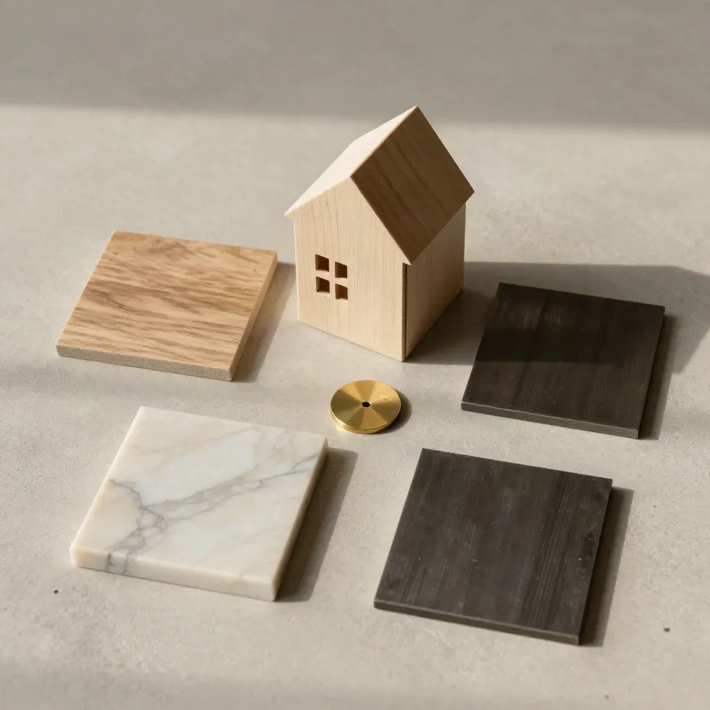 Flatlay cenital de mármol, roble, metal y casita de madera sobre concreto claro.