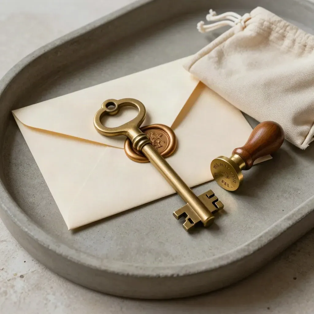 Llave nueva, sobre con cera, sello metálico y funda de algodón sobre piedra.