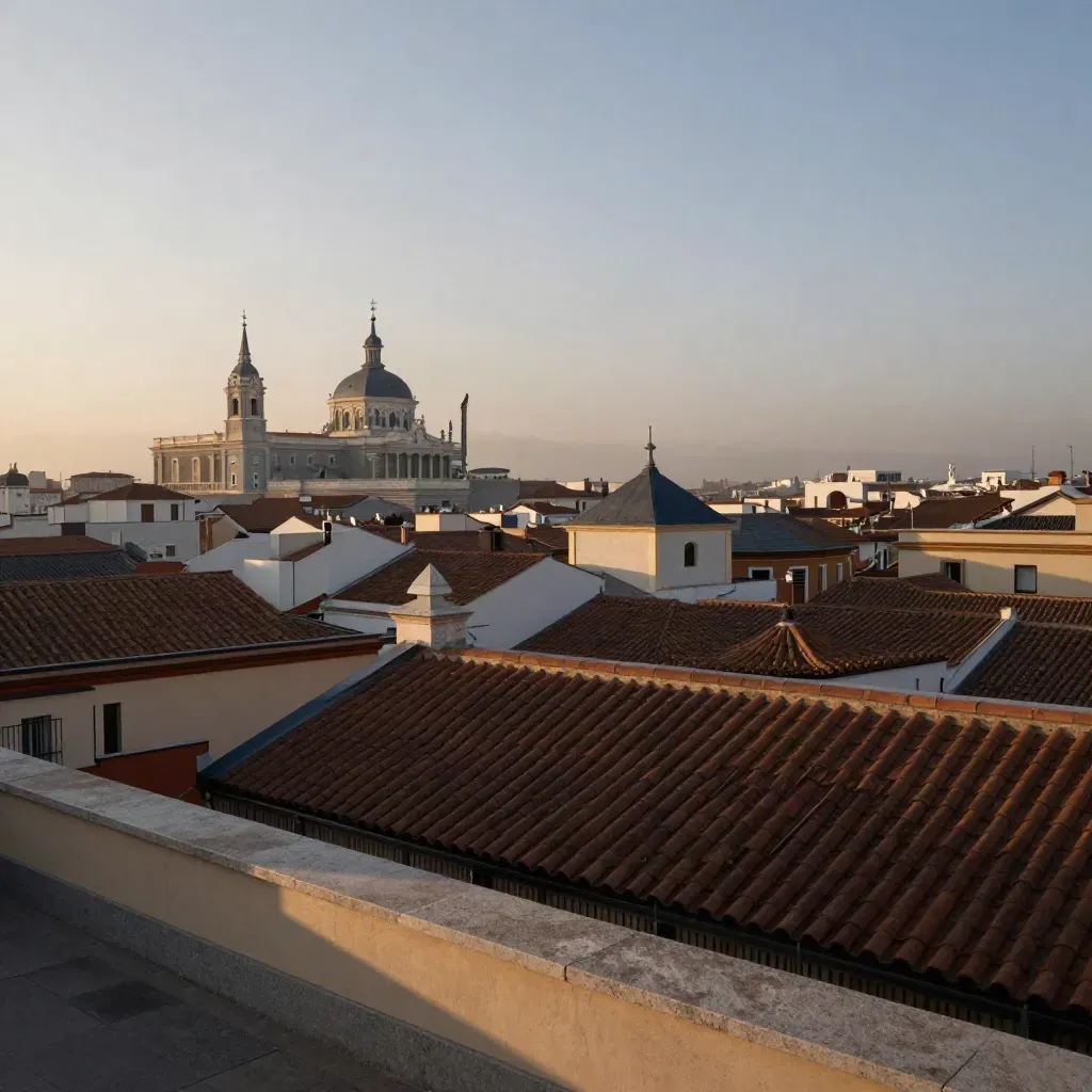 Madrid al amanecer desde una azotea, con cúpulas y bruma dorada sobre la ciudad.