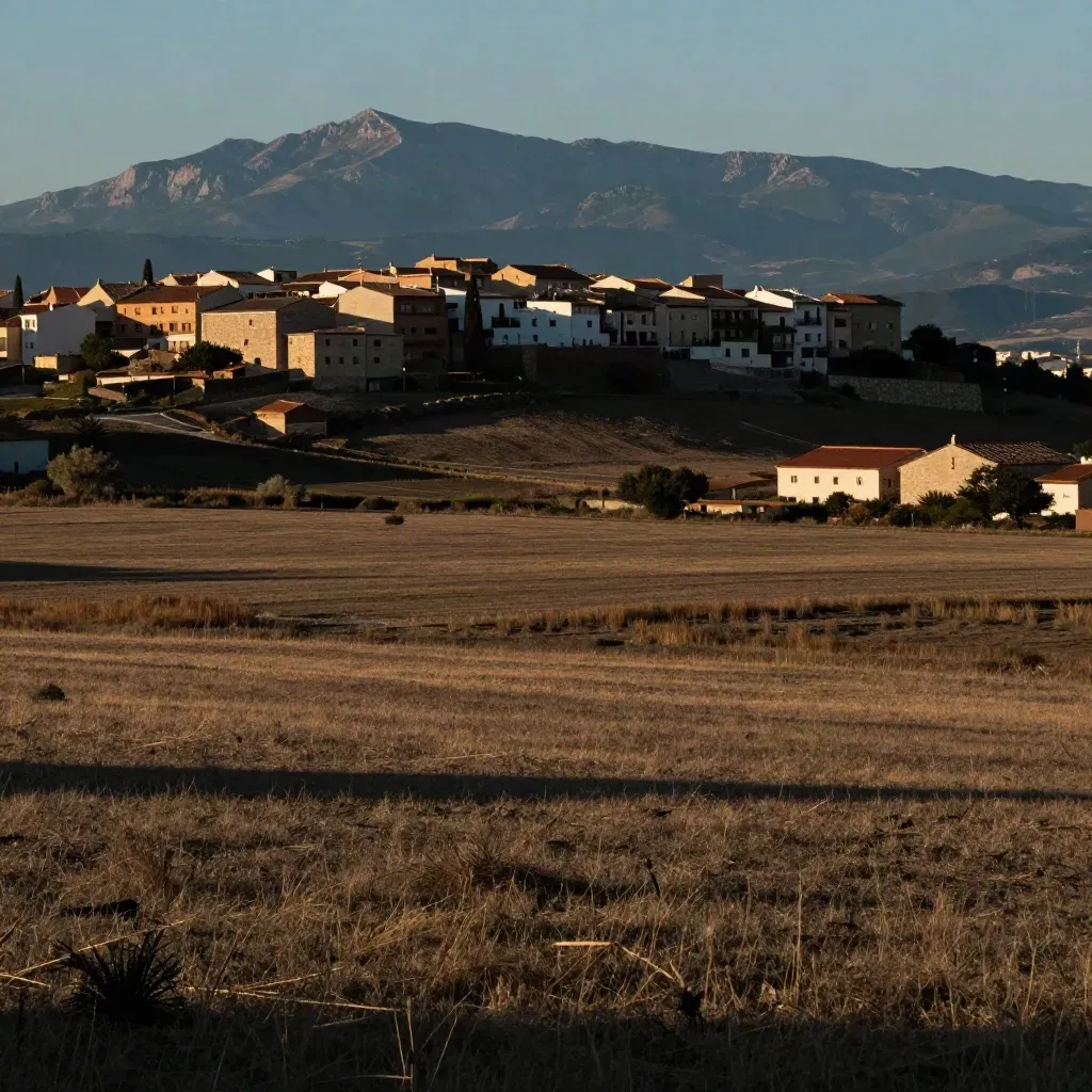 Vista amplia de la Comunidad de Madrid al atardecer con la Sierra al fondo y campo abierto.