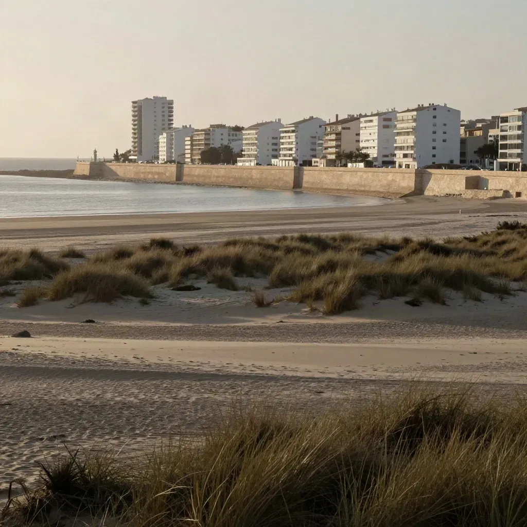 Costa de Valencia vista desde una elevación, con playa suave, mar en bruma y edificios blancos