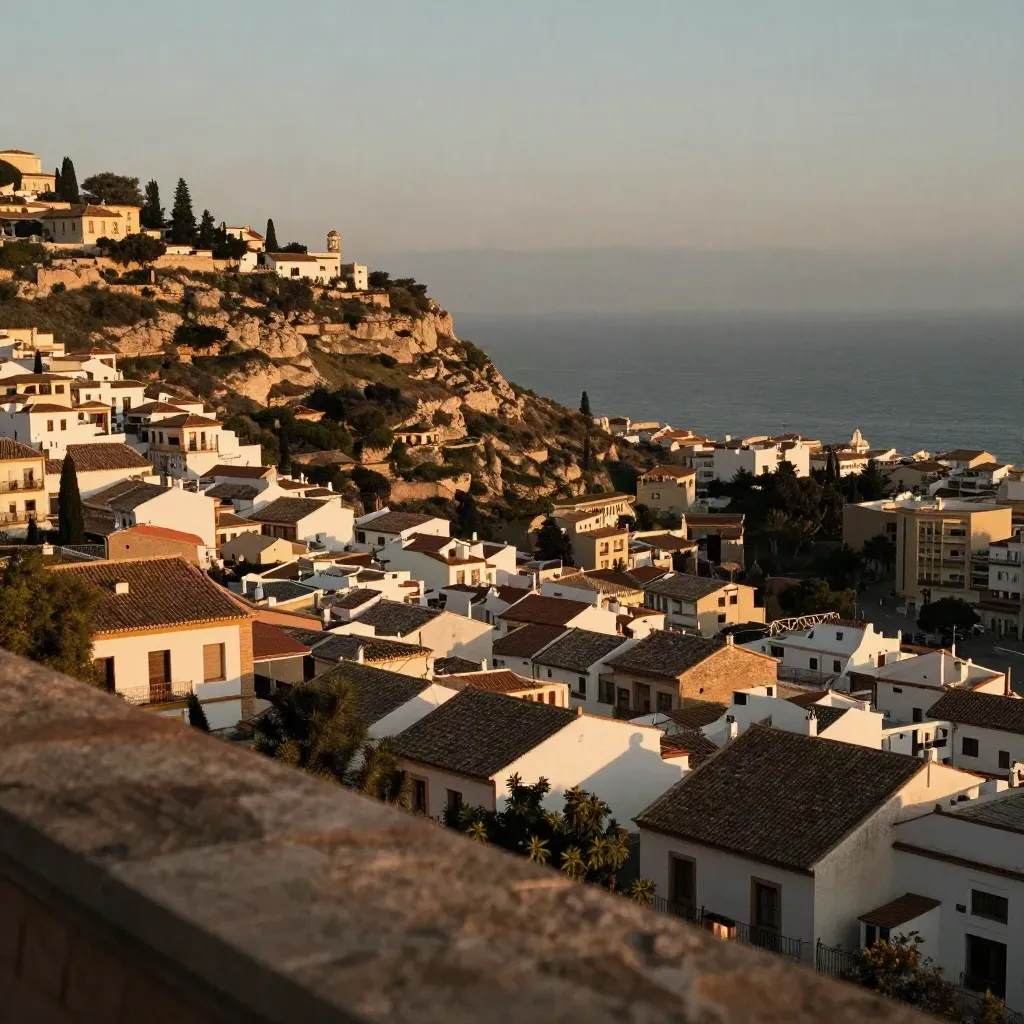 Vista elevada de Málaga y la costa al atardecer, con colinas blancas y bahía brillante.