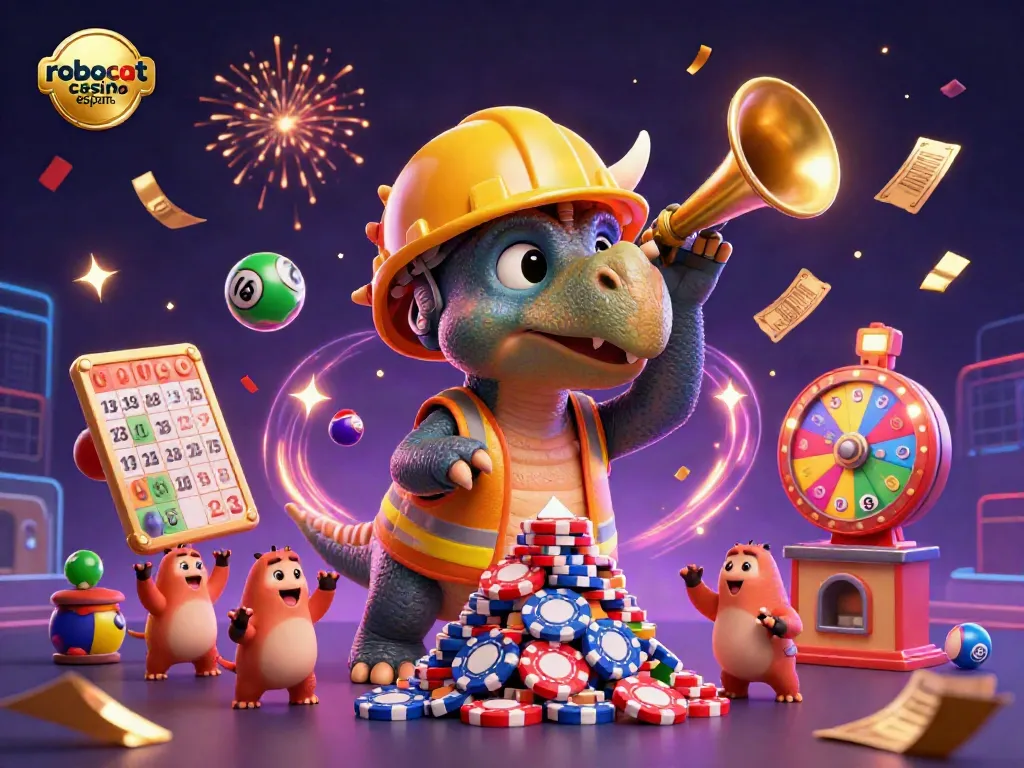 Cheerful scene of robocat casino españa with vibrant elements celebrating wins.