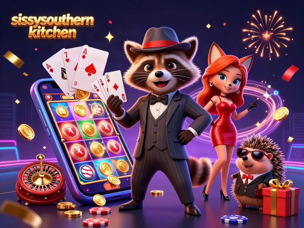 Sissyssouthernkitchen casino scene showcasing a raccoon and fox celebrating with slot games and poker.